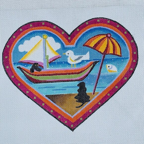 Hand Painted Needlepoint Canvas AGA Designs Heart with Beach Scene Umbrella Boat - Picture 2 of 5